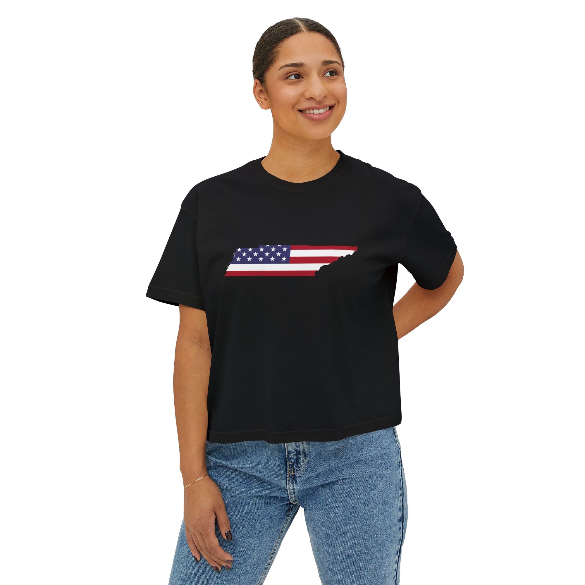 Cropped Tennessee American Flag Black T Shirt