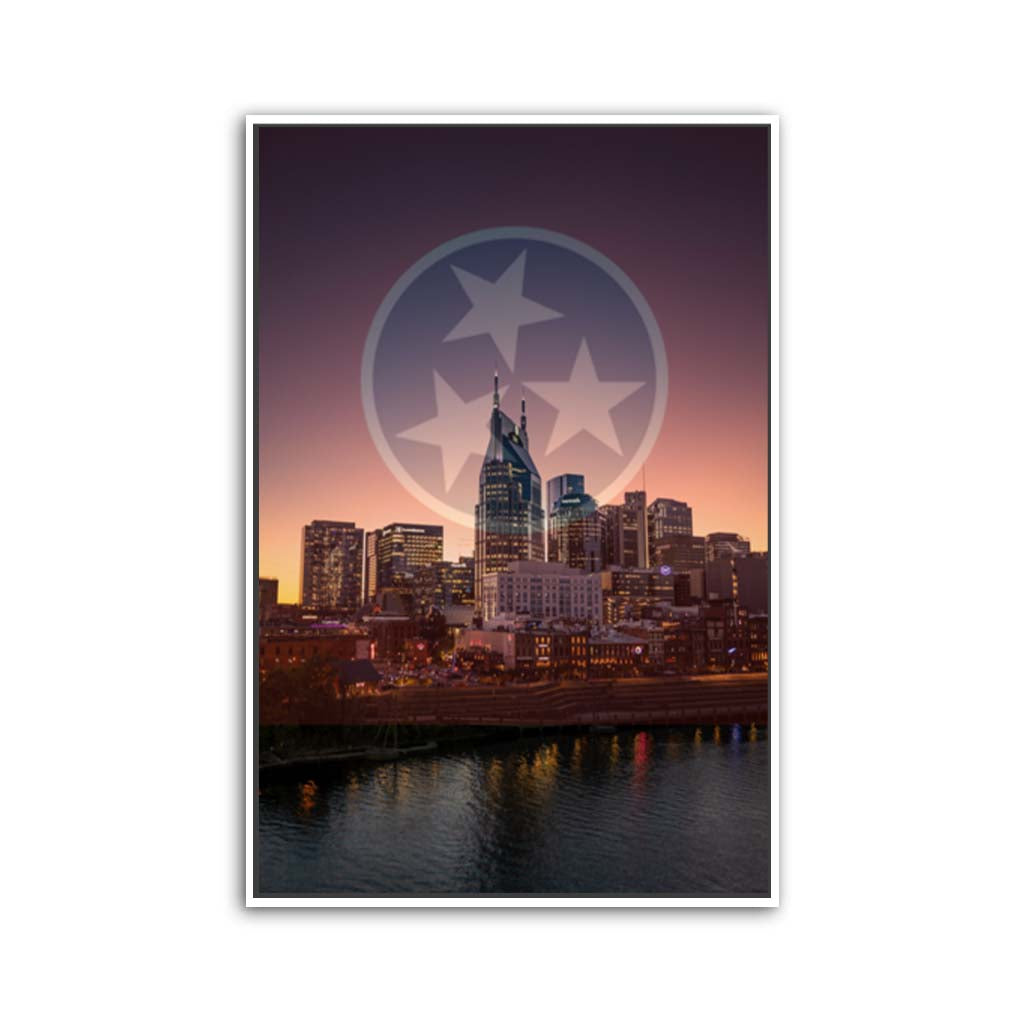 Nashville Skyline Tri Star Canvas Wall Art Print - White Frame