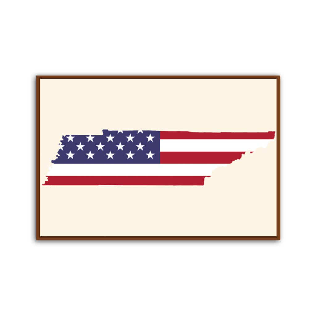 Tennessee American Flag Silhouette Canvas Wall Art Print - Canvas Pecan Frame