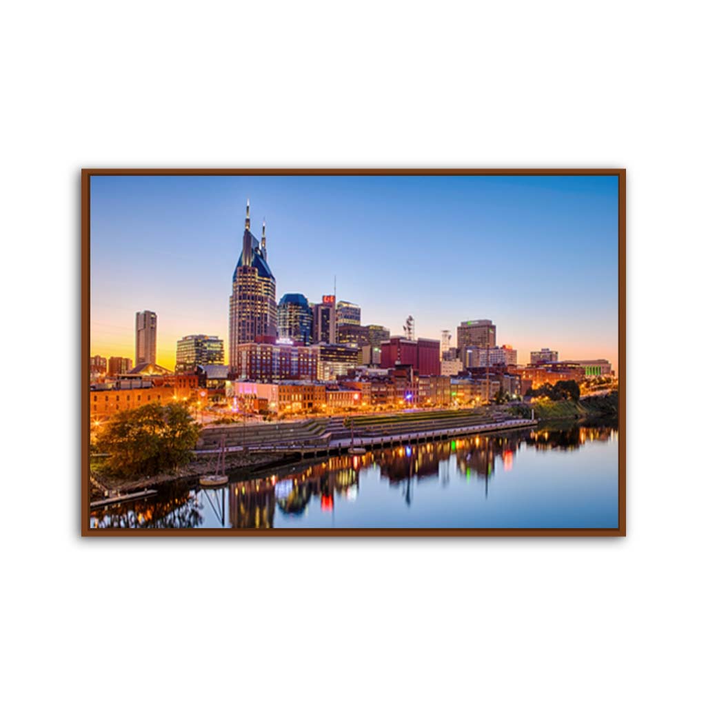 Nashville Skyline Canvas Wall Art Print - Pecan Frame