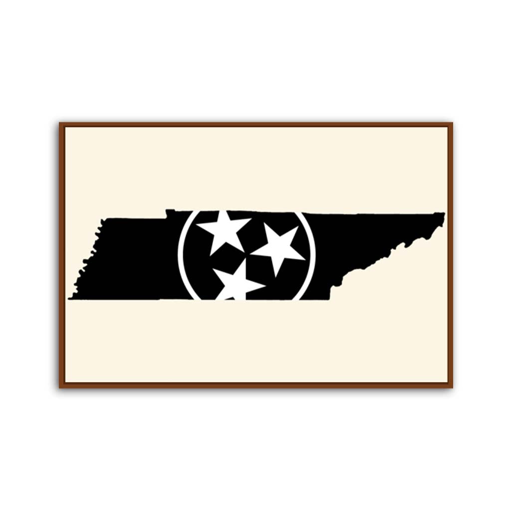 Black & White Tennessee Flag Silhouette Canvas Wall Art Print - Canvas Pecan Frame