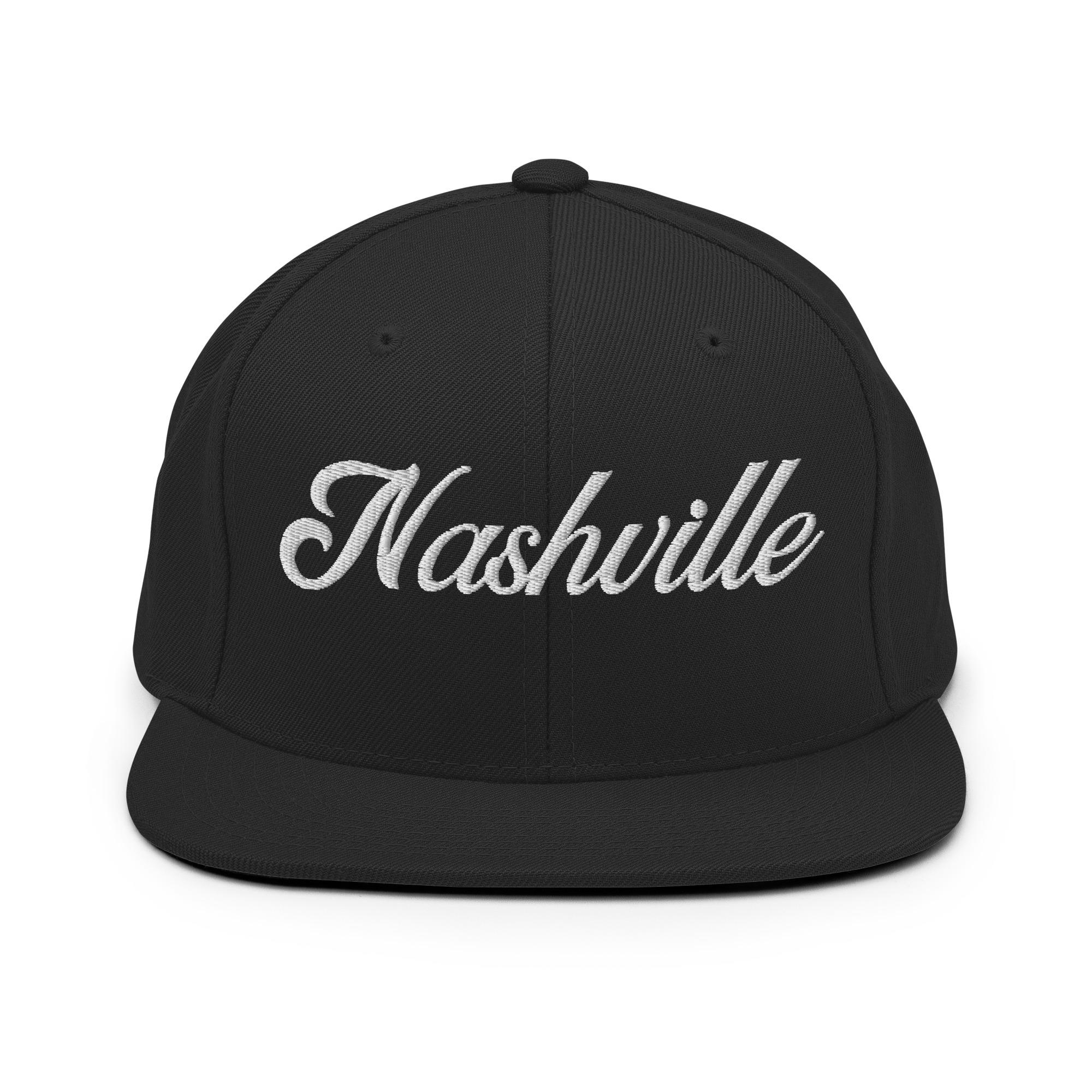 Nashville White Script Black Snapback Hat