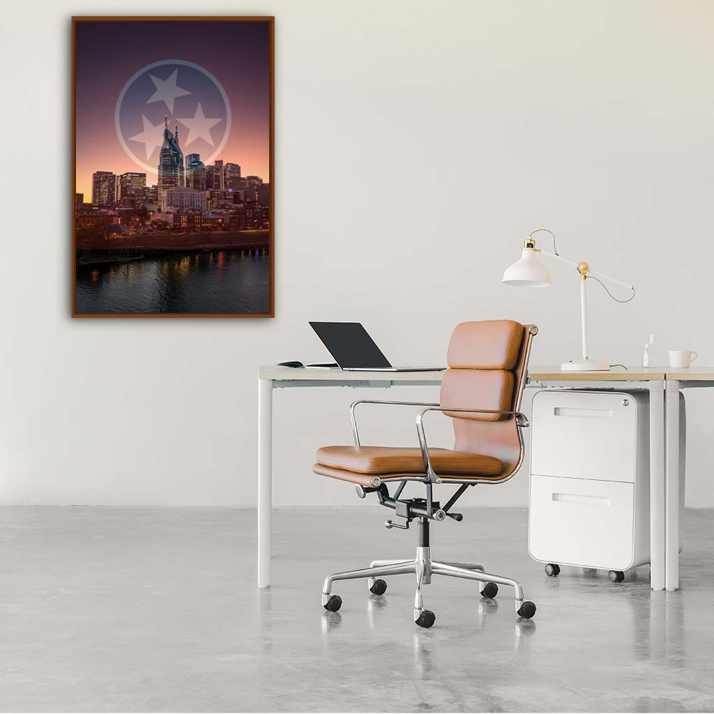 Nashville Skyline Tri Star Canvas Wall Art Print - Pecan Frame