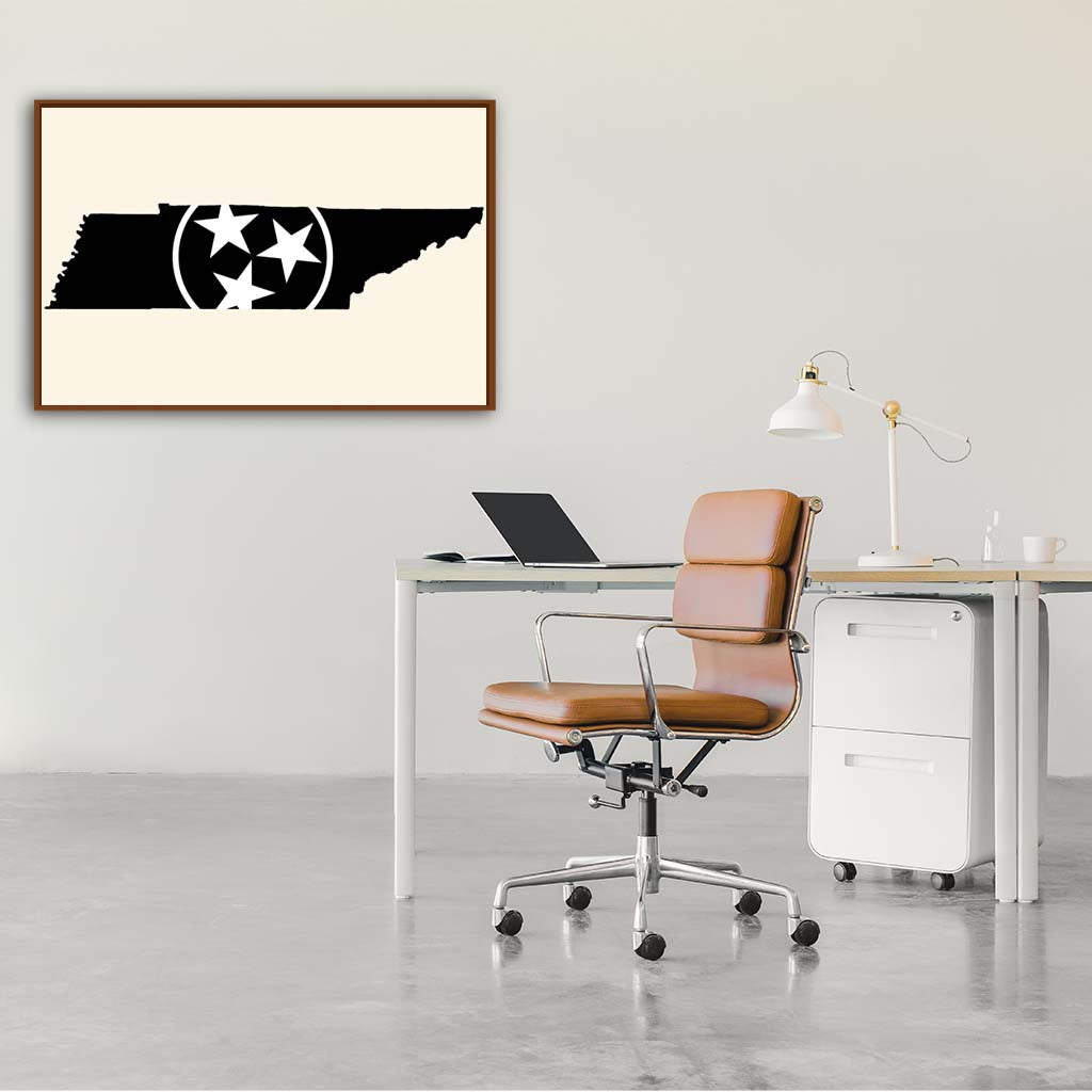 Black & White Tennessee Flag Silhouette Canvas Wall Art Print - Canvas Pecan Frame
