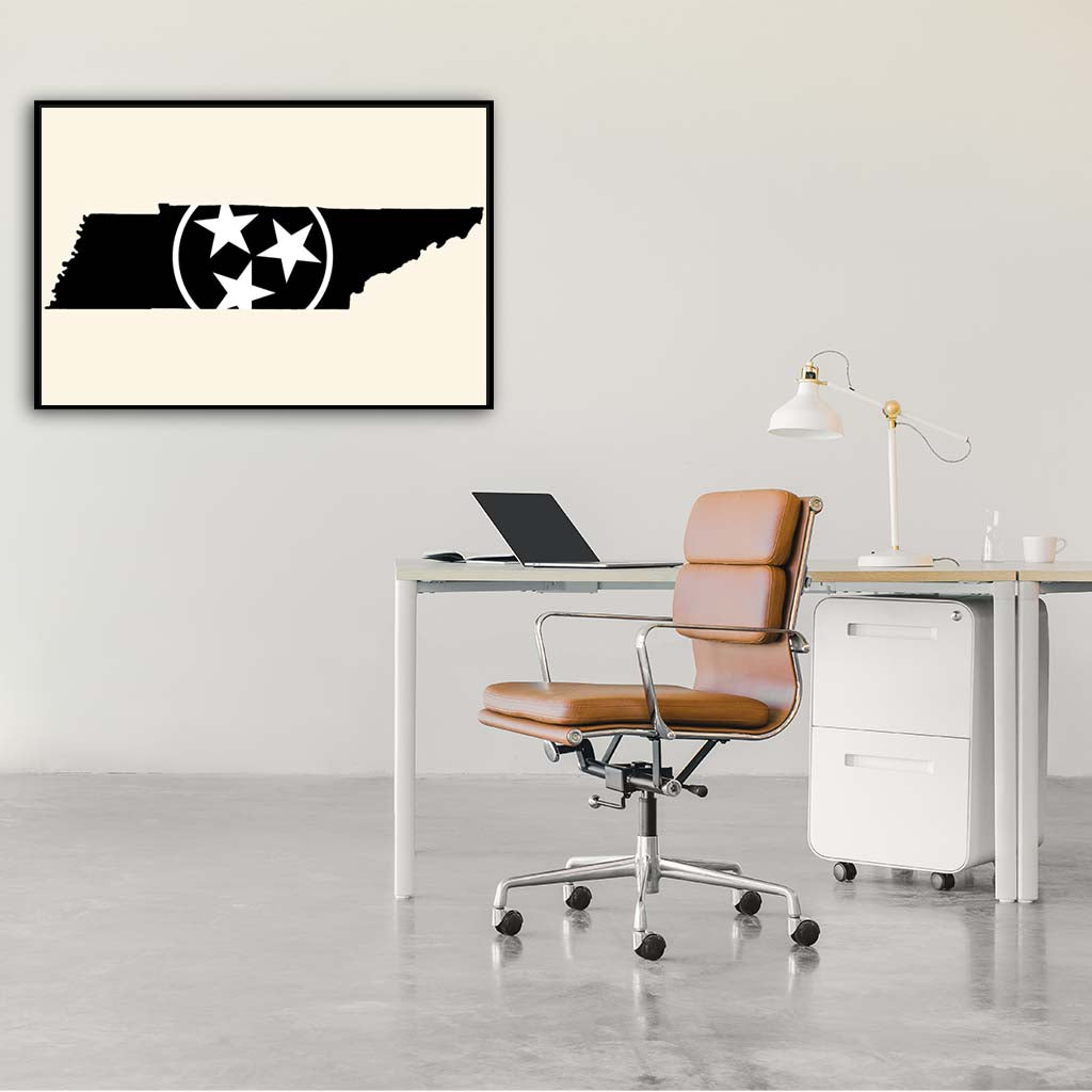 Black & White Tennessee Flag Silhouette Canvas Wall Art Print - Canvas Black Frame