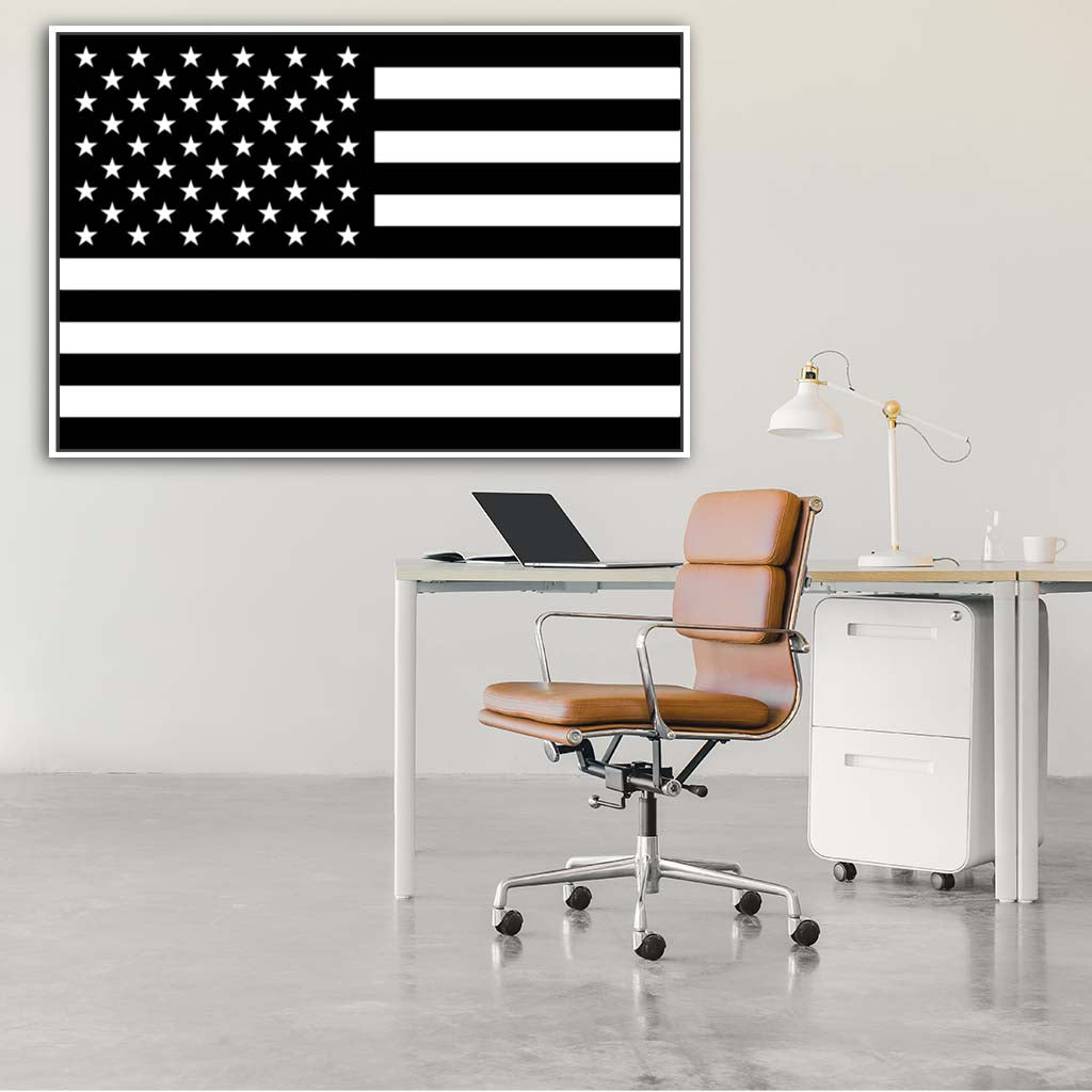 Black & White American Flag Silhouette Canvas Wall Art Print - Canvas White Frame