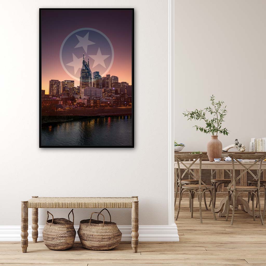 Nashville Skyline Tri Star Canvas Wall Art Print - Canvas Black Frame