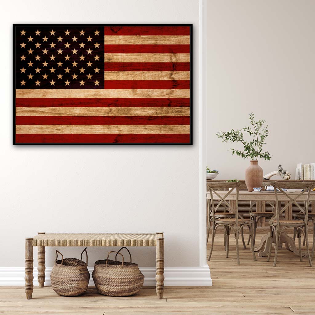 Rustic American Flag Silhouette Canvas Wall Art Print - Canvas Black Frame