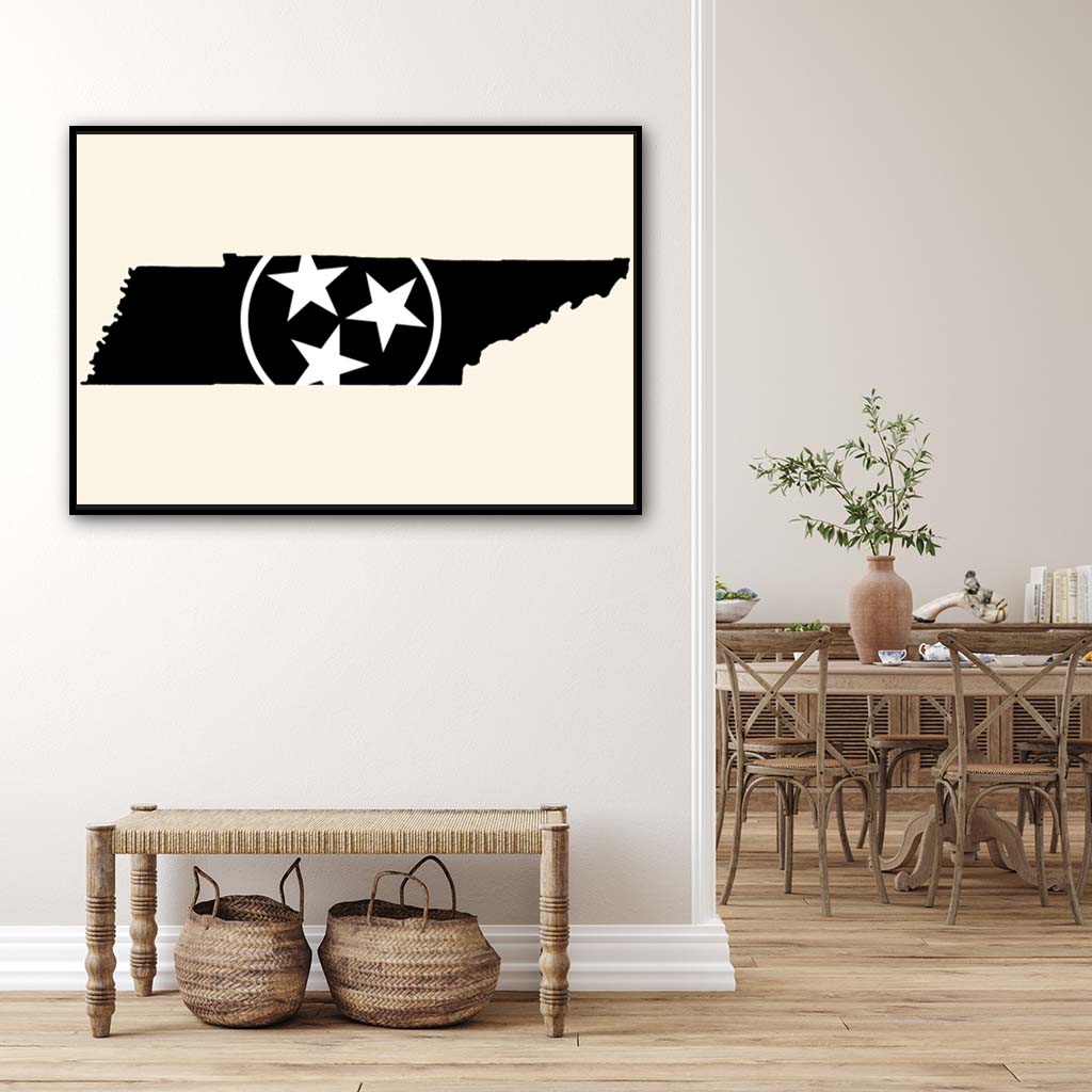 Black & White Tennessee Flag Silhouette Canvas Wall Art Print - Canvas Black Frame