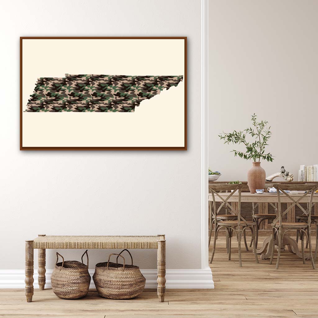 Tennessee Woodland Camo Silhouette Canvas Wall Art Print - Canvas Pecan Frame