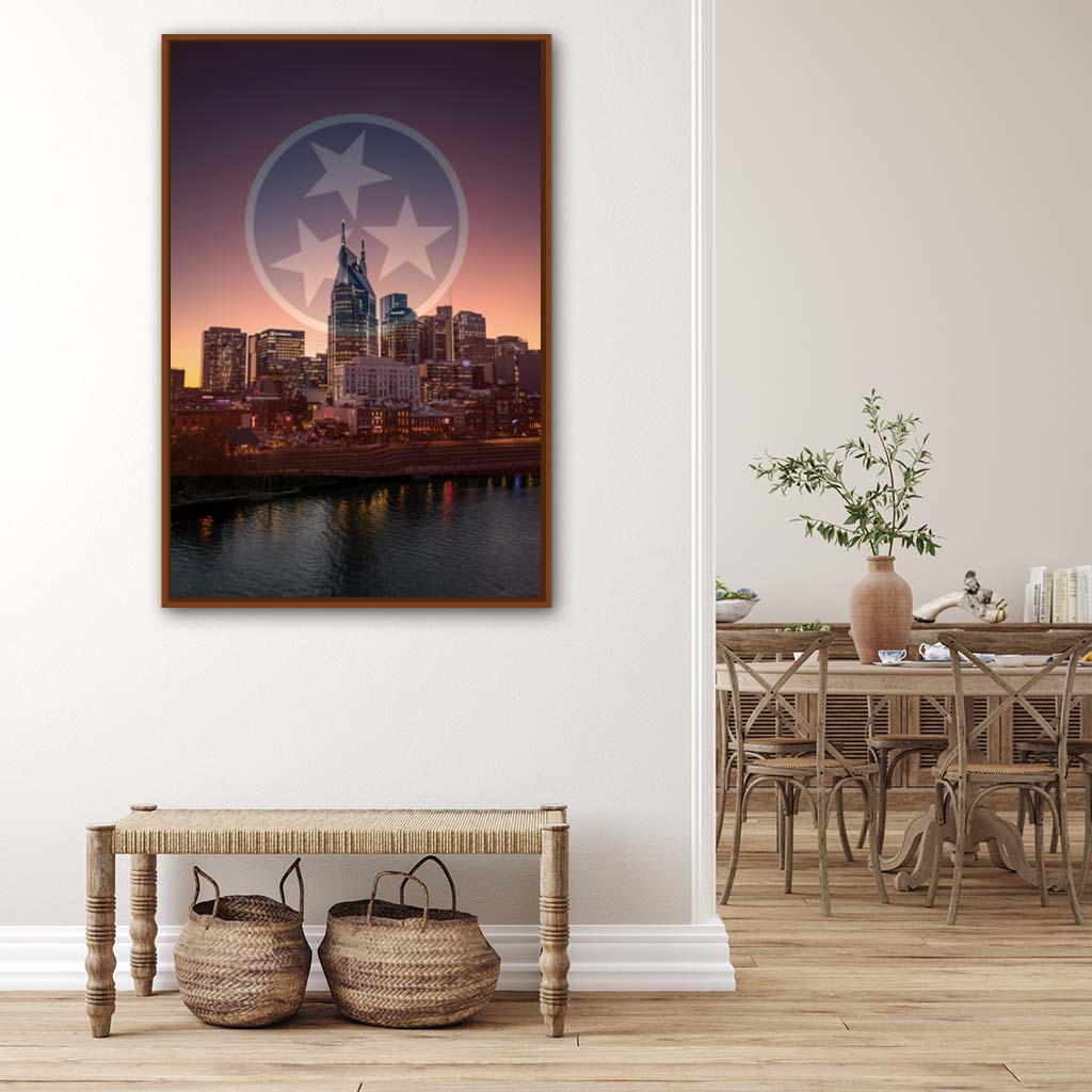 Nashville Skyline Tri Star Canvas Wall Art Print - Pecan Frame