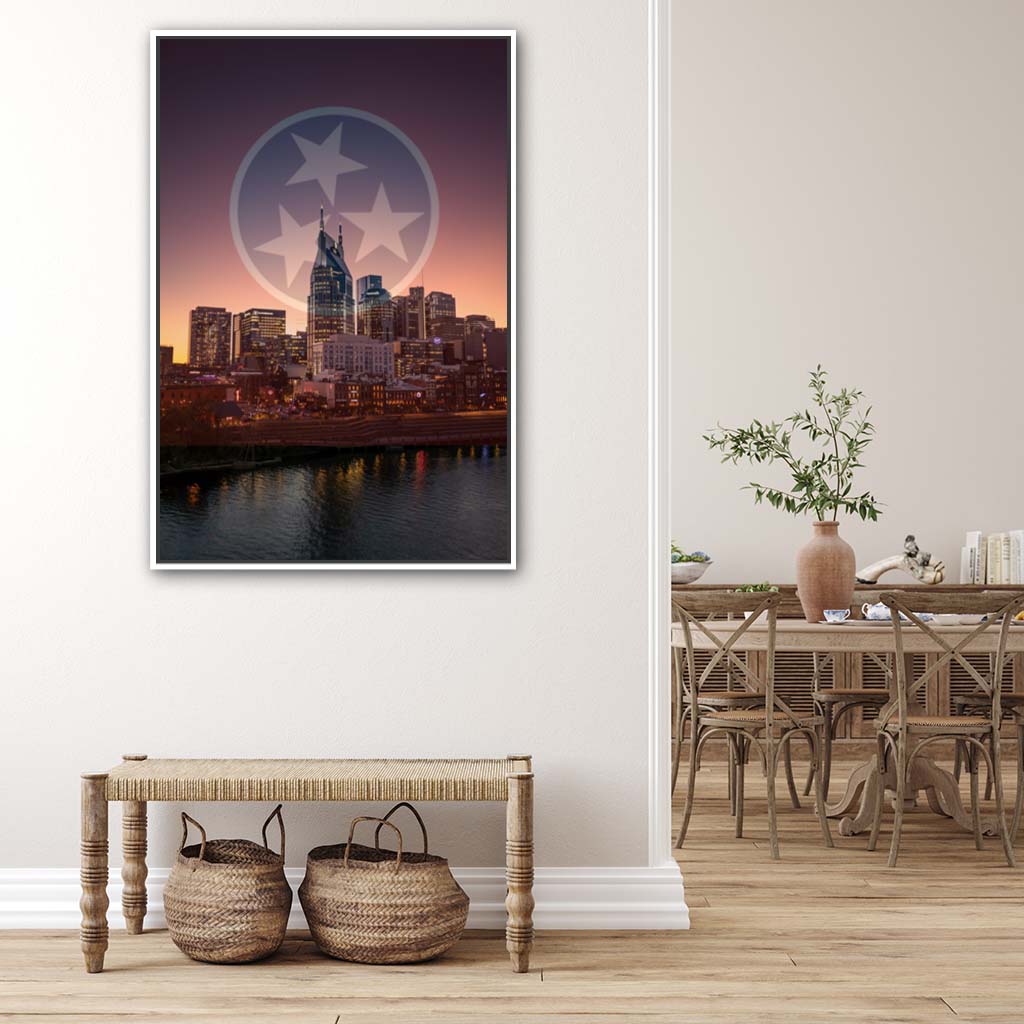 Nashville Skyline Tri Star Canvas Wall Art Print - White Frame