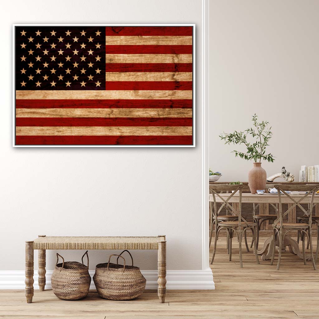Rustic American Flag Silhouette Canvas Wall Art Print - Canvas White Frame