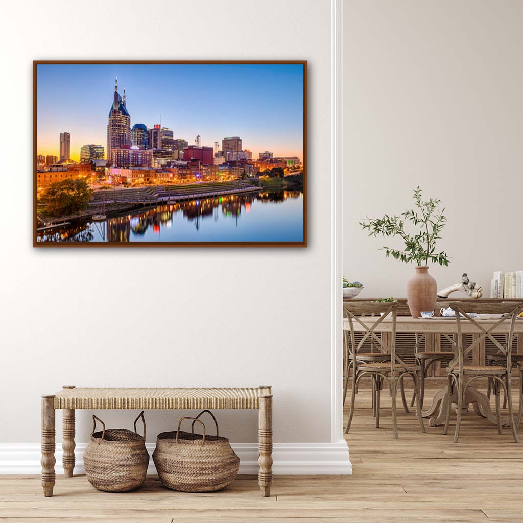 Nashville Skyline Canvas Wall Art Print - Pecan Frame