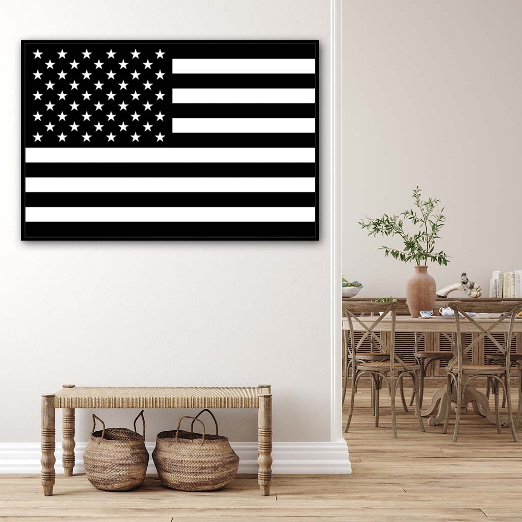 Black & White American Flag Silhouette Canvas Wall Art Print - Canvas Black Frame