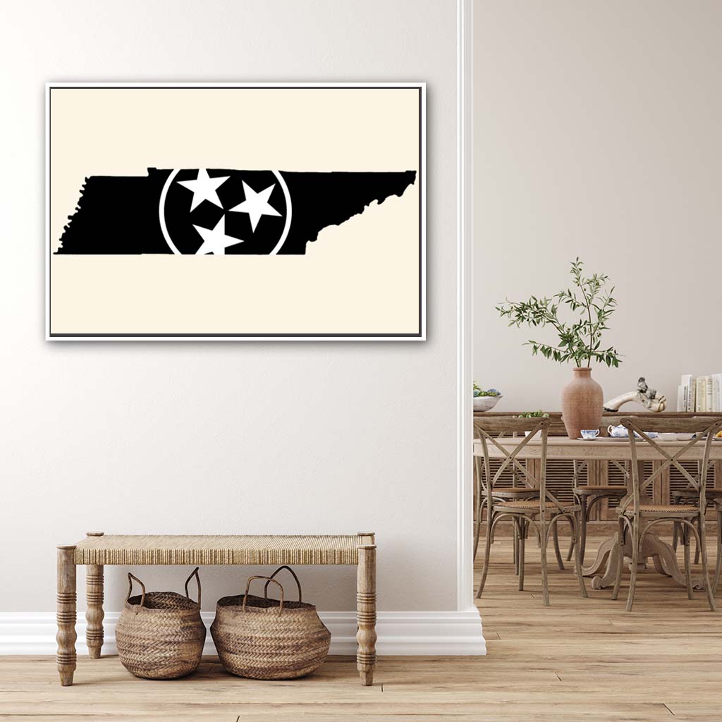 Black & White Tennessee Flag Silhouette Canvas Wall Art Print - Canvas White Frame