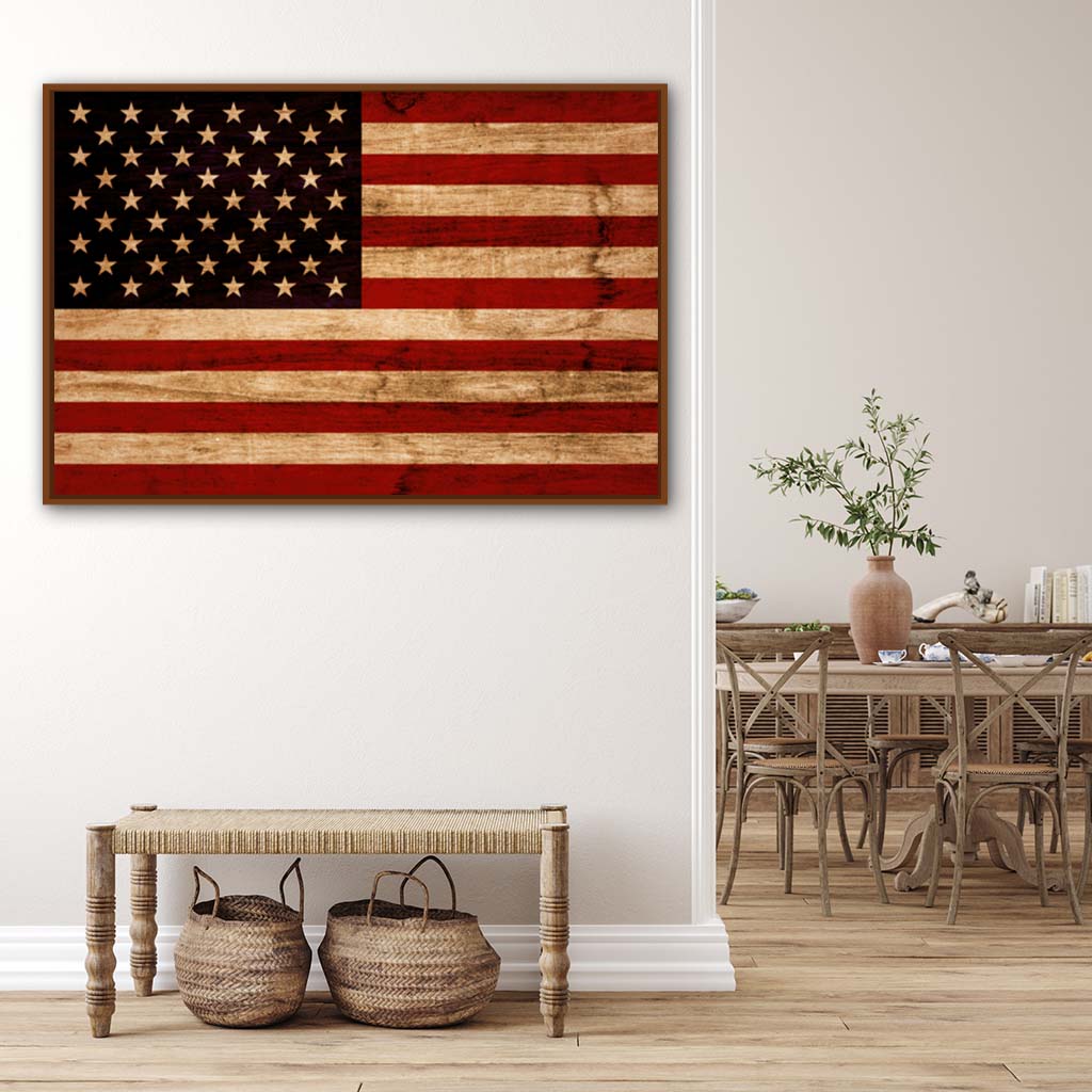 Rustic American Flag Canvas Wall Art Print - Canvas Pecan Frame