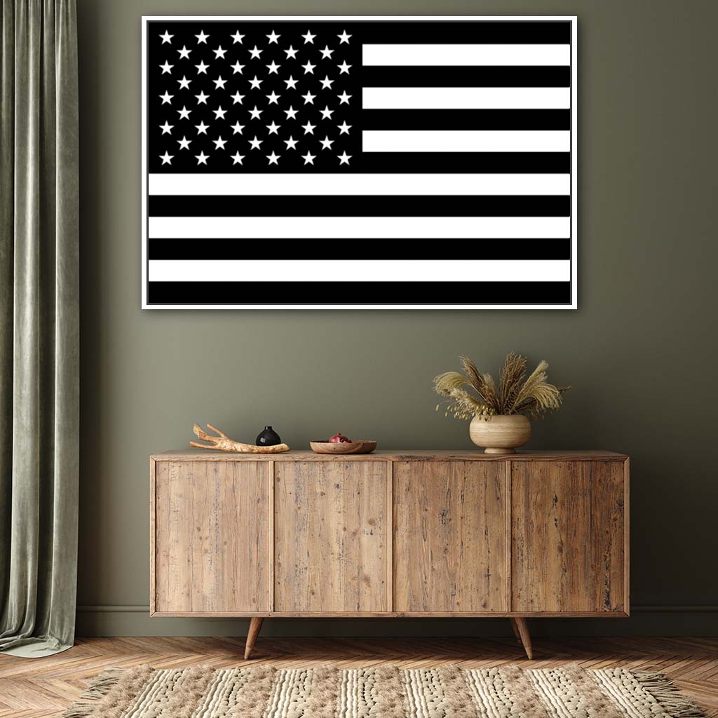 Black & White American Flag Silhouette Canvas Wall Art Print - Canvas White Frame