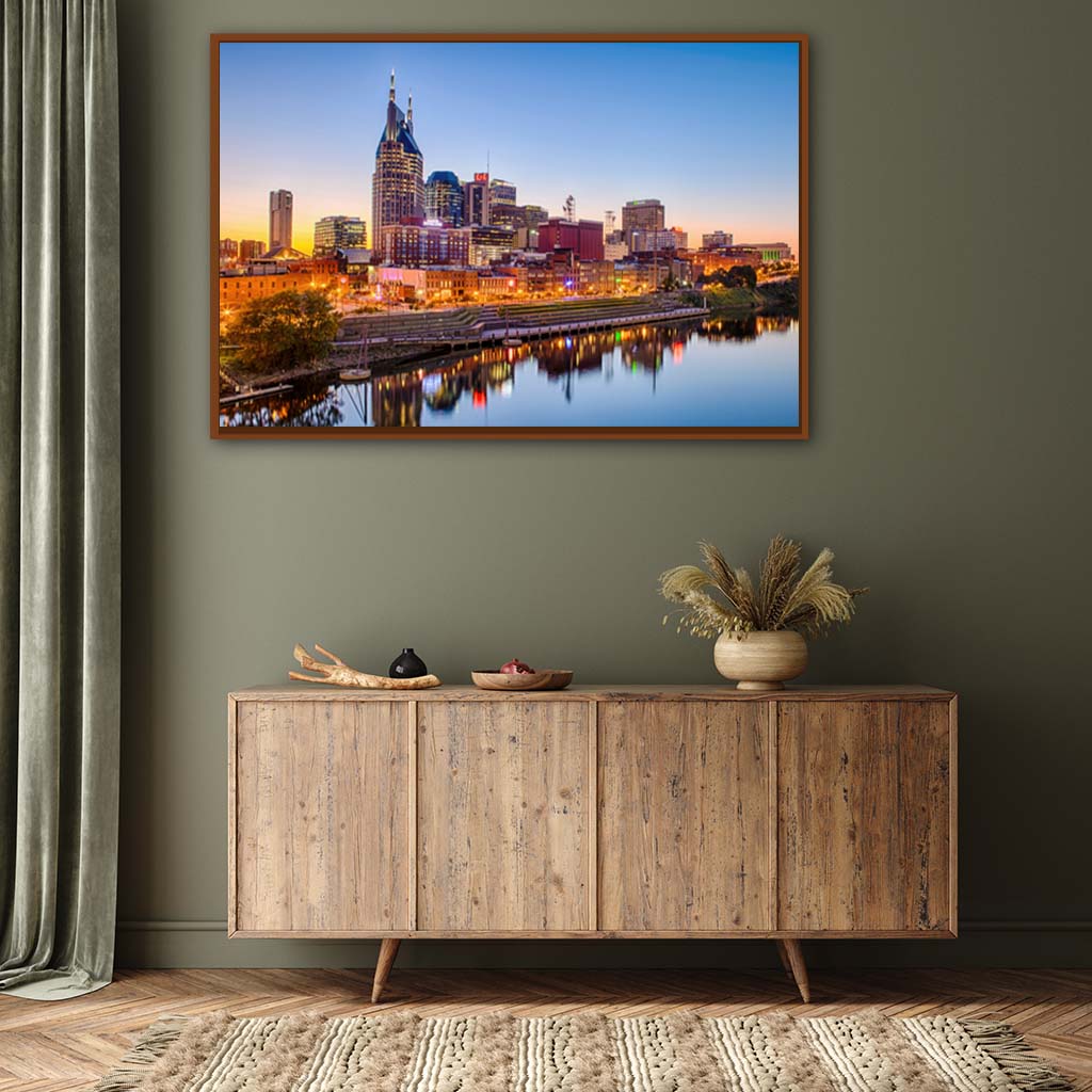 Nashville Skyline Canvas Wall Art Print - Pecan Frame