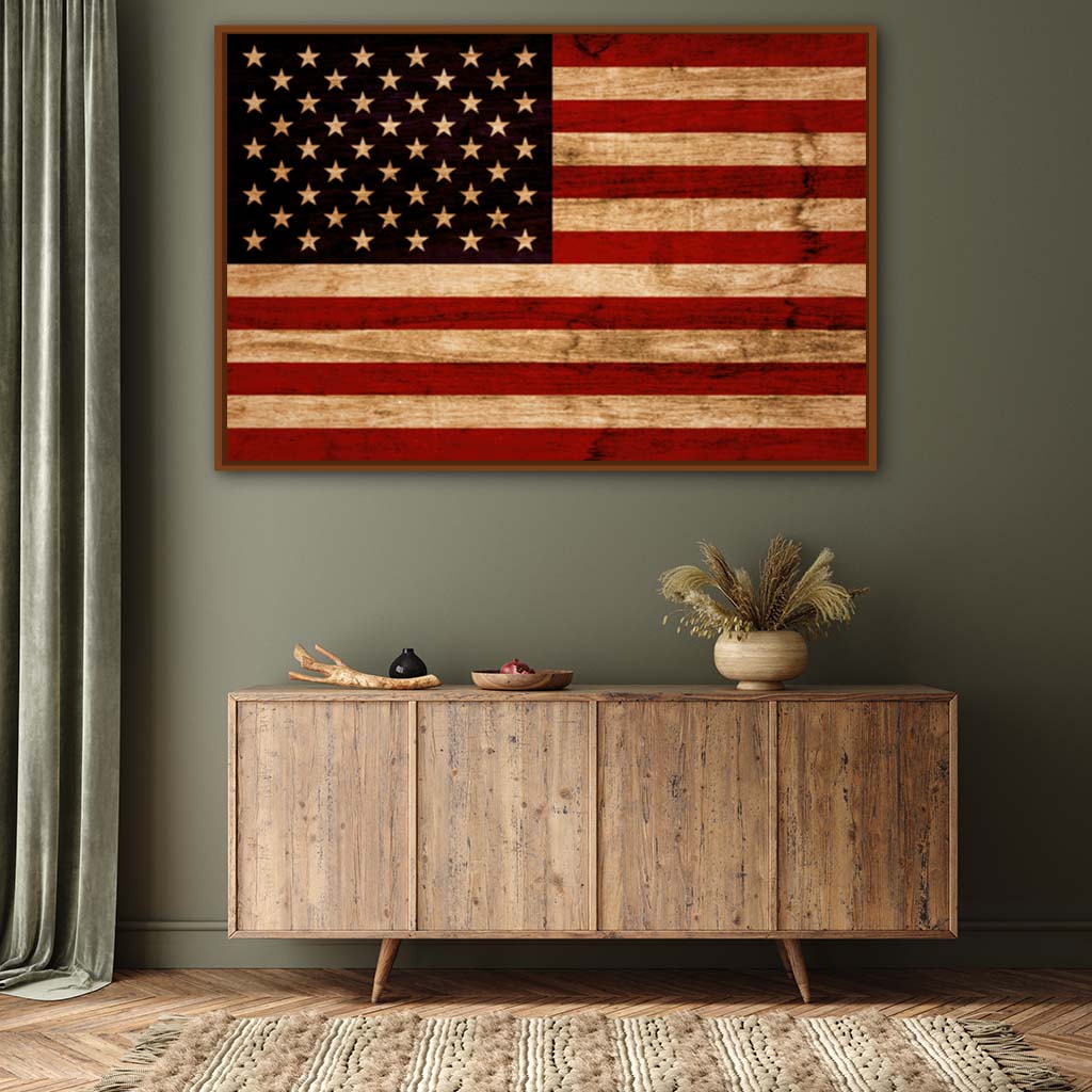 Rustic American Flag Canvas Wall Art Print - Canvas Pecan Frame