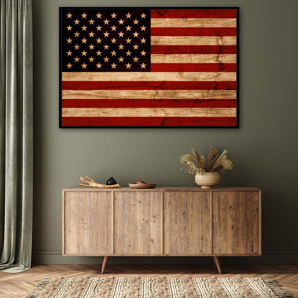 Rustic American Flag Silhouette Canvas Wall Art Print - Canvas Black Frame