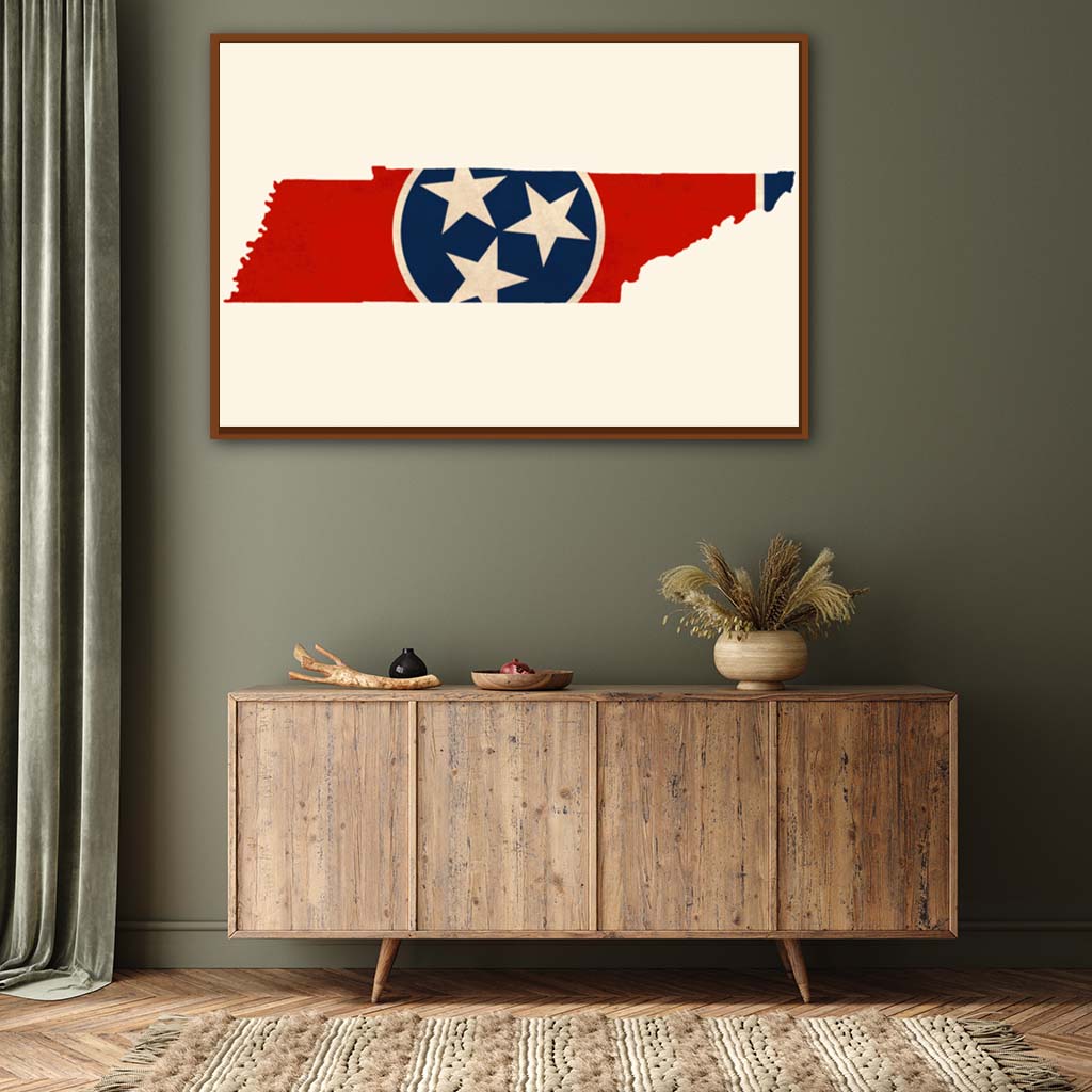 Distressed Tennessee Flag Silhouette Canvas Wall Art Print - Canvas Pecan Frame