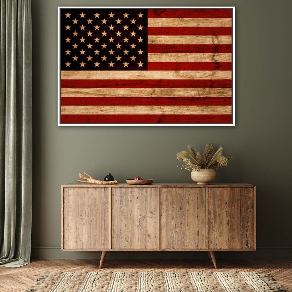 Rustic American Flag Silhouette Canvas Wall Art Print - Canvas White Frame