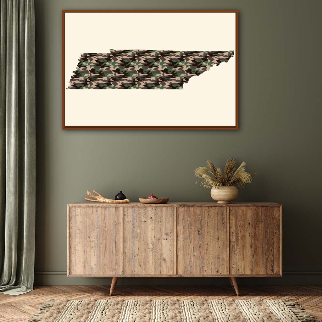 Tennessee Woodland Camo Silhouette Canvas Wall Art Print - Canvas Pecan Frame