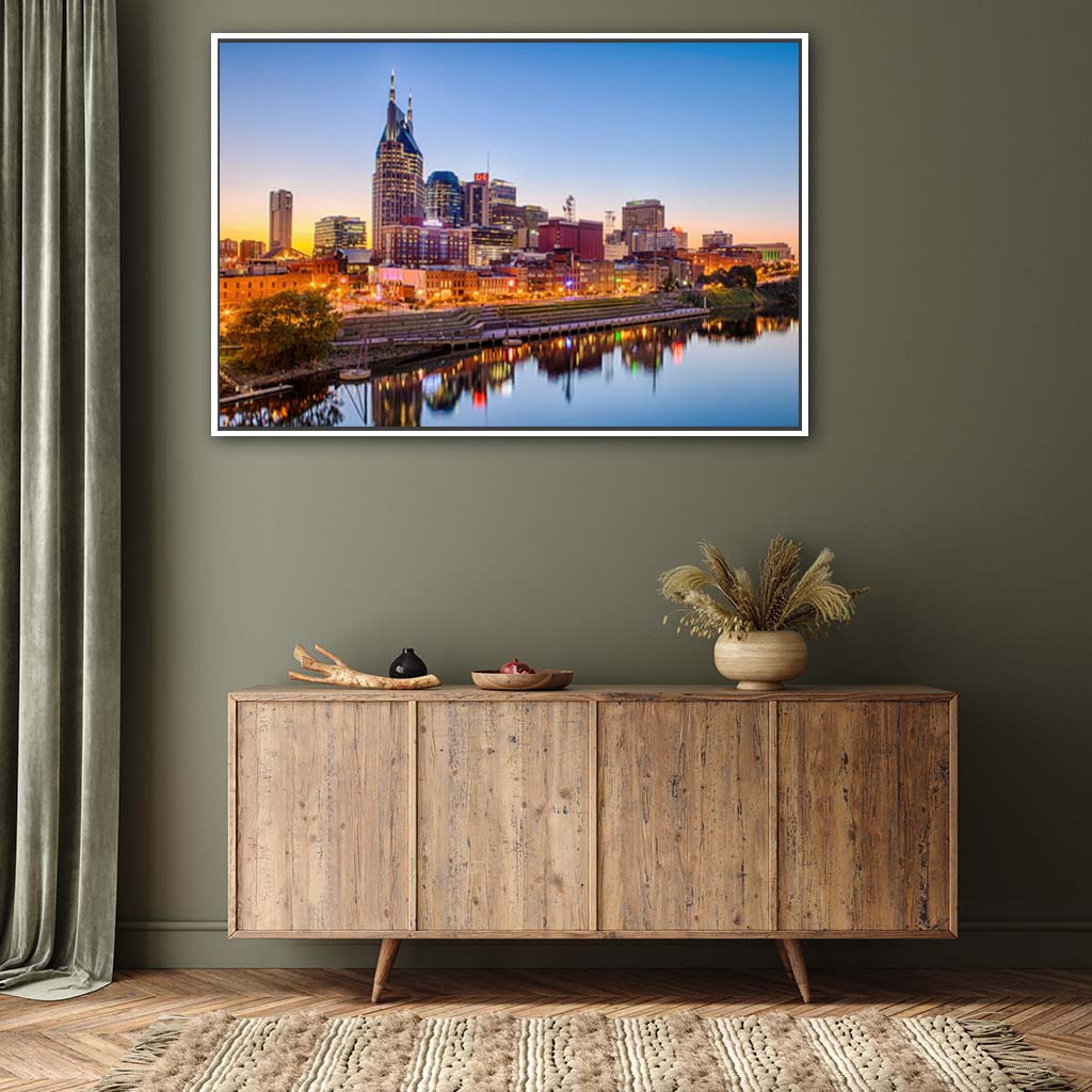 Nashville Skyline Canvas Wall Art Print - White Frame