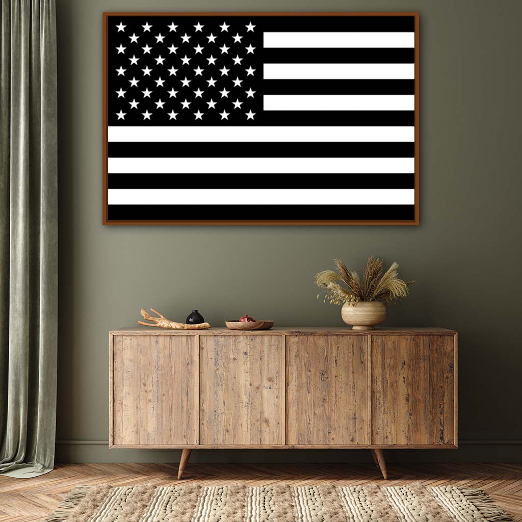 Black & White American Flag Canvas Wall Art Print - Canvas Pecan Frame