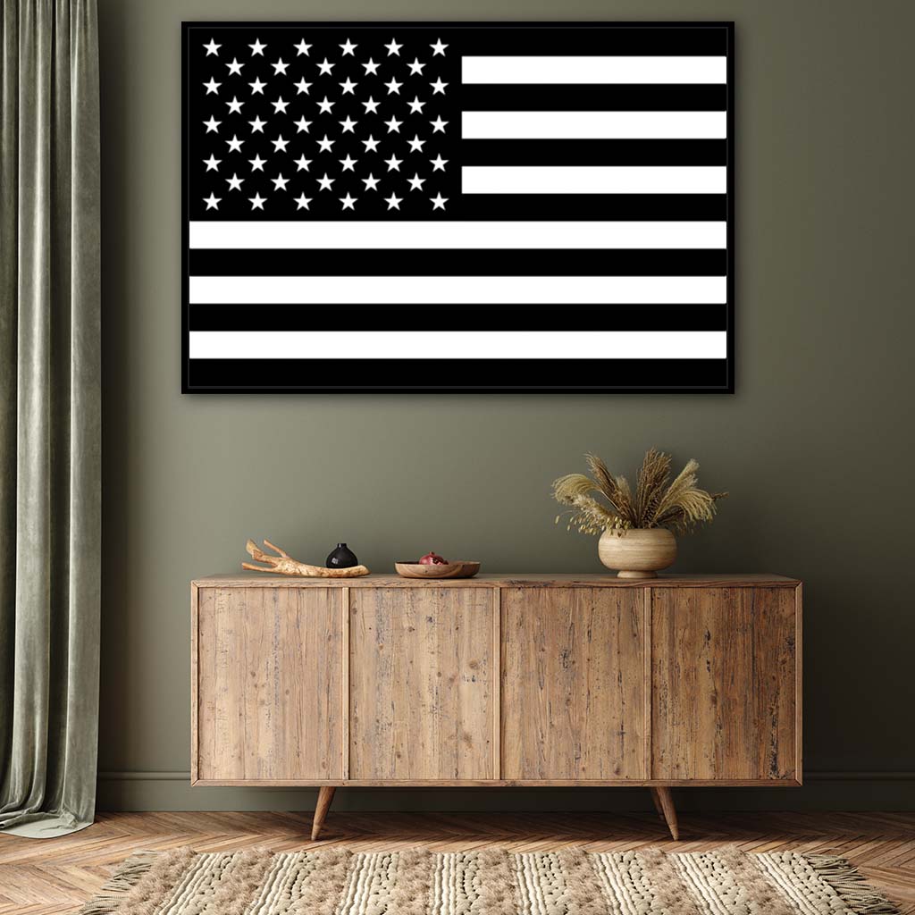 Black & White American Flag Silhouette Canvas Wall Art Print - Canvas Black Frame