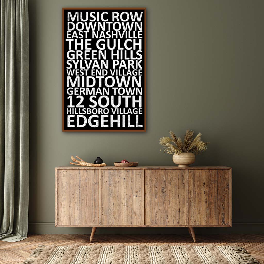 Nashville Neighborhood Canvas Wall Art Print - Pecan Frame