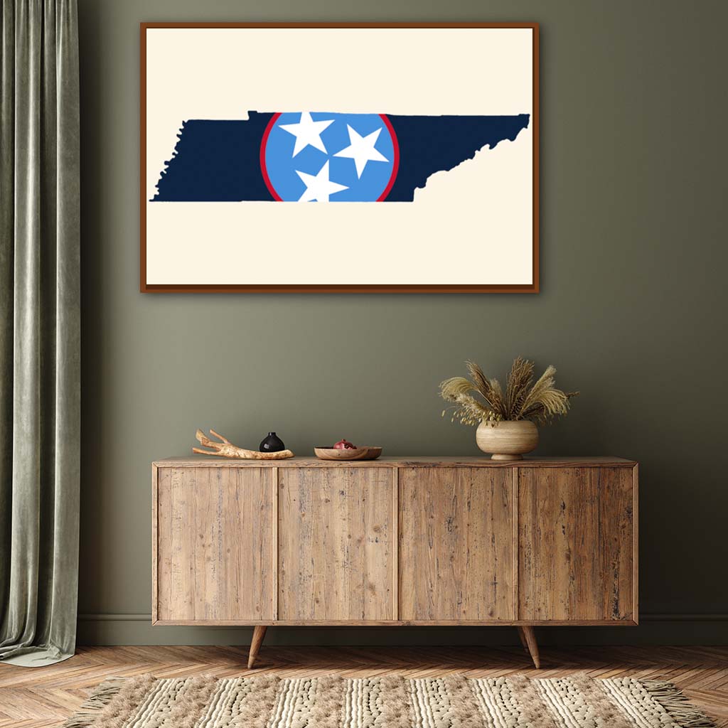 Navy & Teal Tennessee Flag Silhouette Canvas Wall Art Print - Canvas Pecan Frame