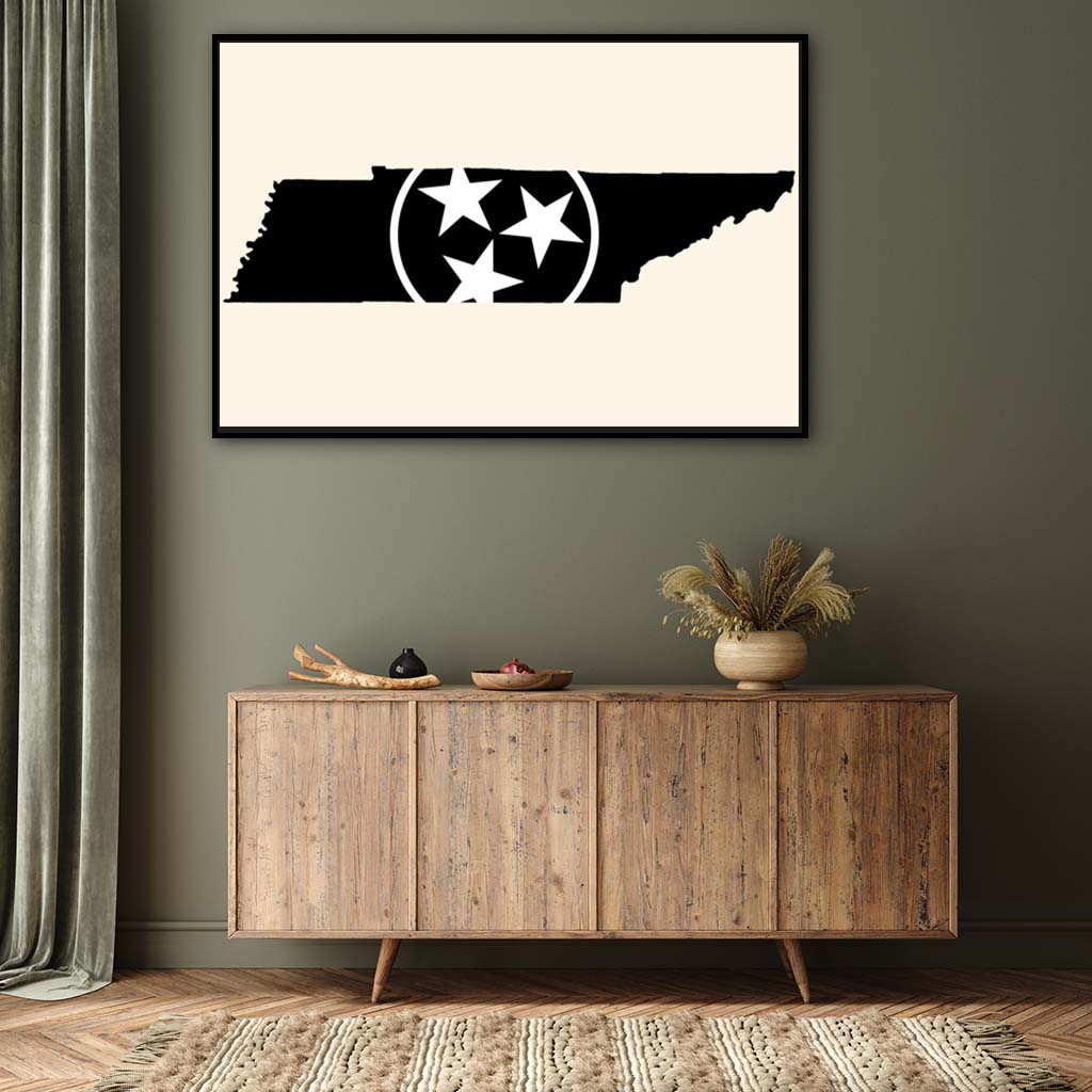 Black & White Tennessee Flag Silhouette Canvas Wall Art Print - Canvas Black Frame