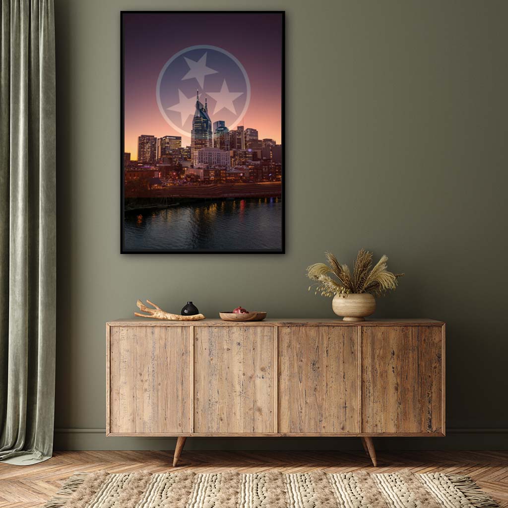 Nashville Skyline Tri Star Canvas Wall Art Print - Canvas Black Frame