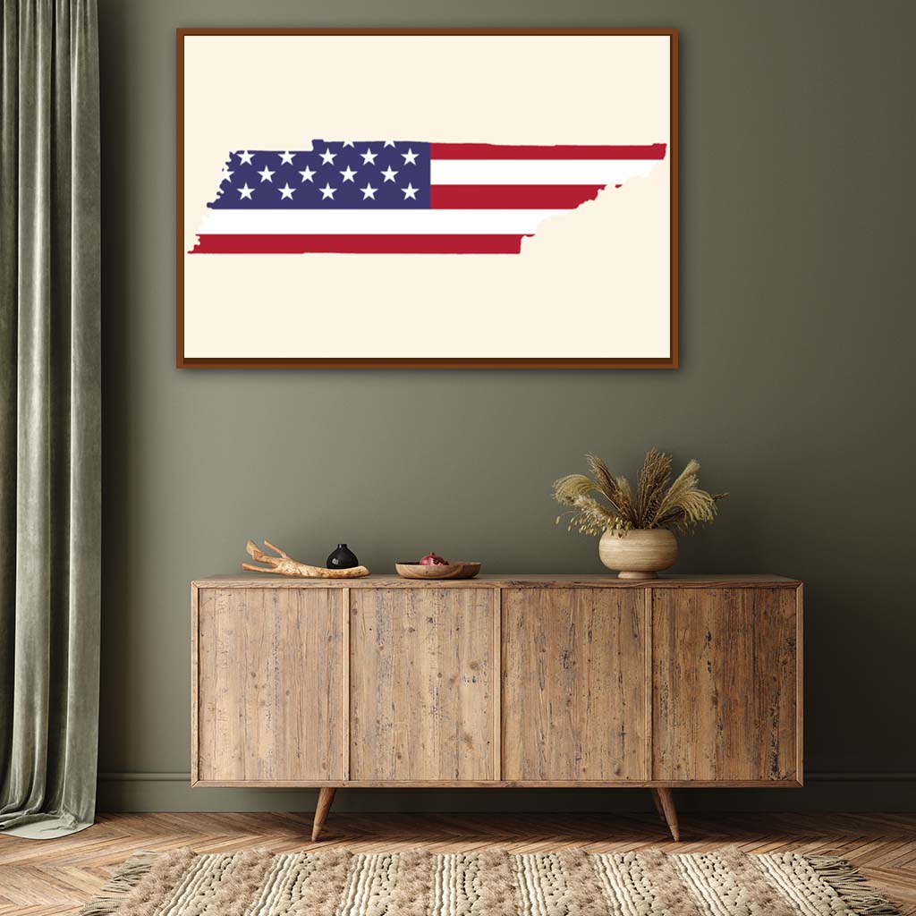 Tennessee American Flag Silhouette Canvas Wall Art Print - Canvas Pecan Frame