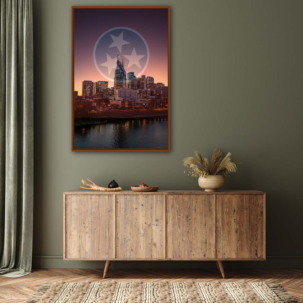 Nashville Skyline Tri Star Canvas Wall Art Print - Pecan Frame