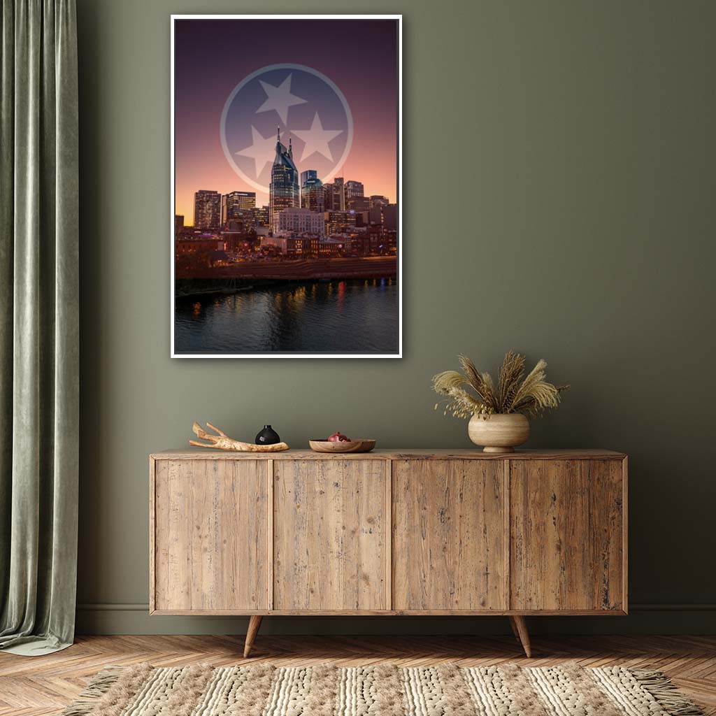 Nashville Skyline Tri Star Canvas Wall Art Print - White Frame