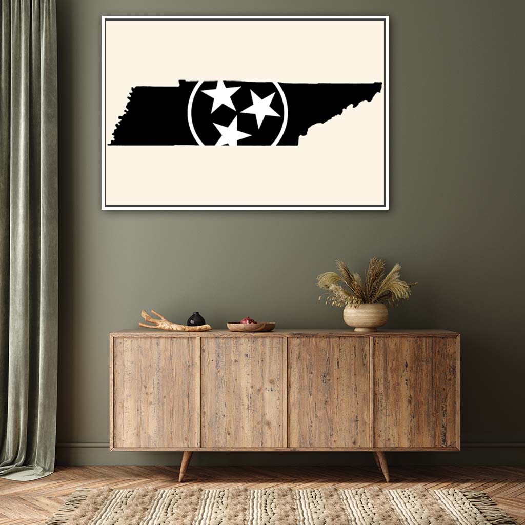 Black & White Tennessee Flag Silhouette Canvas Wall Art Print - Canvas White Frame