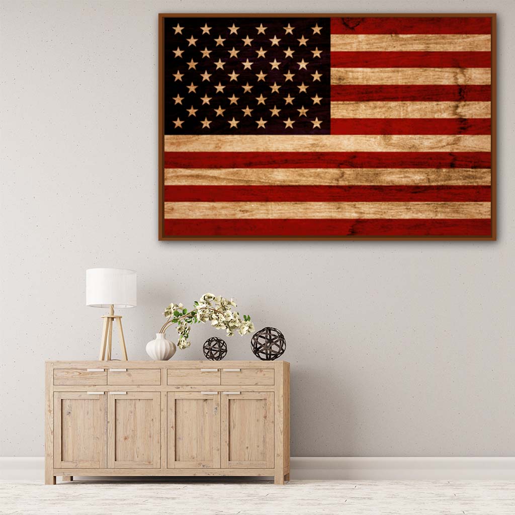 Rustic American Flag Canvas Wall Art Print - Canvas Pecan Frame