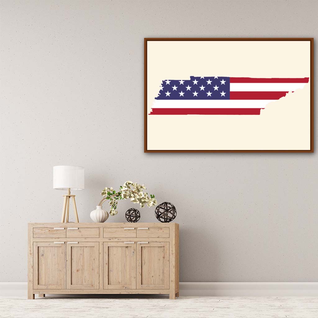 Tennessee American Flag Silhouette Canvas Wall Art Print - Canvas Pecan Frame