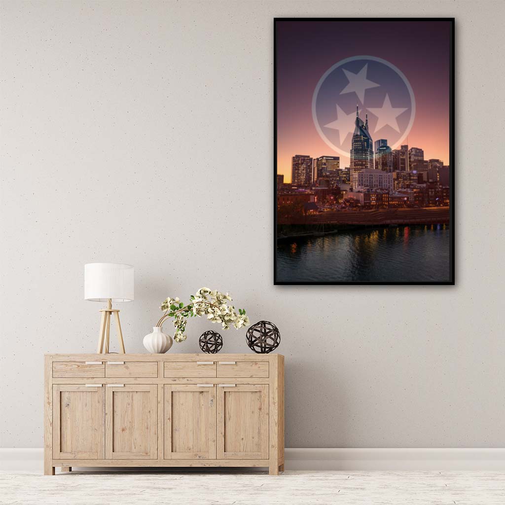 Nashville Skyline Tri Star Canvas Wall Art Print - Canvas Black Frame