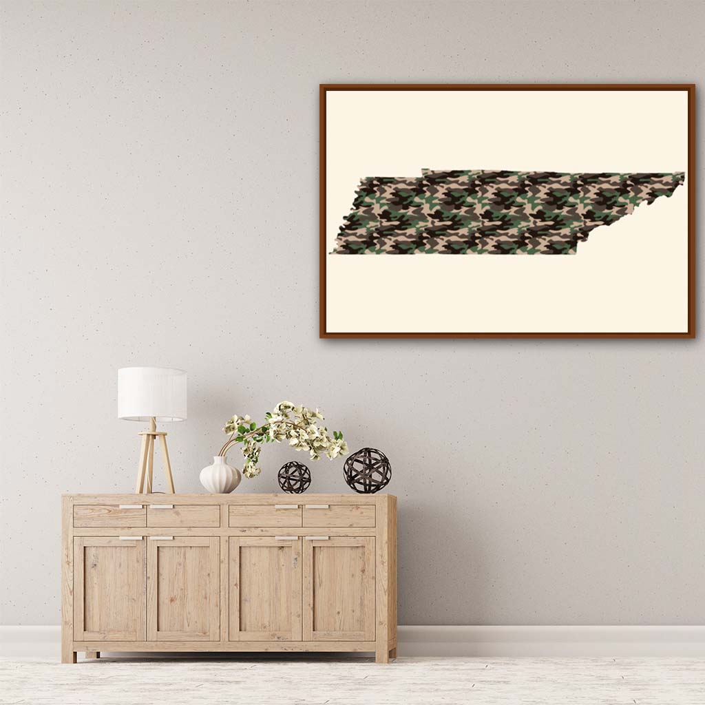 Tennessee Woodland Camo Silhouette Canvas Wall Art Print - Canvas Pecan Frame