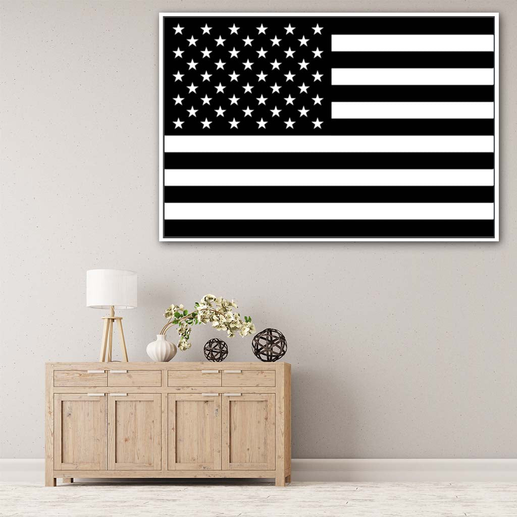 Black & White American Flag Silhouette Canvas Wall Art Print - Canvas White Frame
