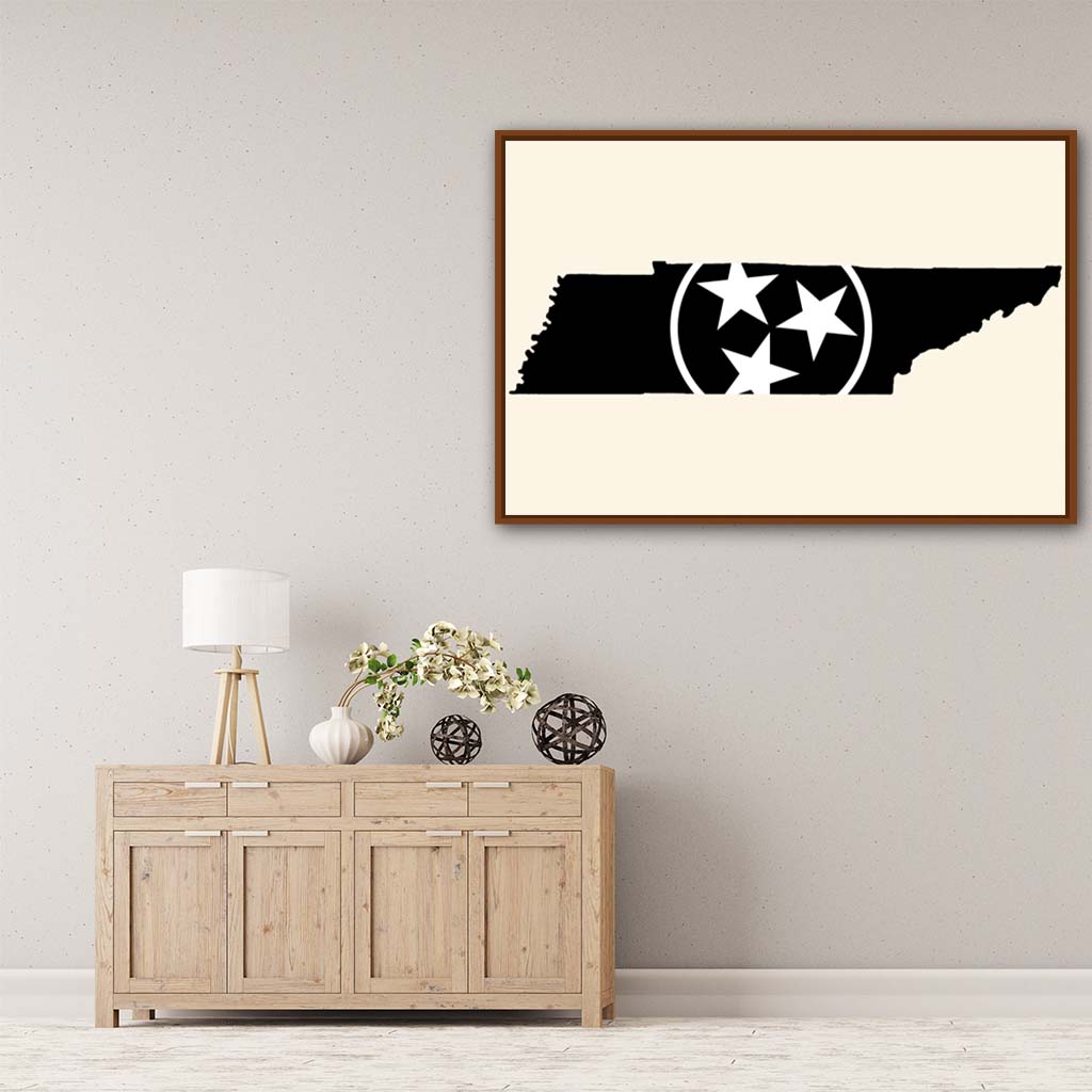 Black & White Tennessee Flag Silhouette Canvas Wall Art Print - Canvas Pecan Frame