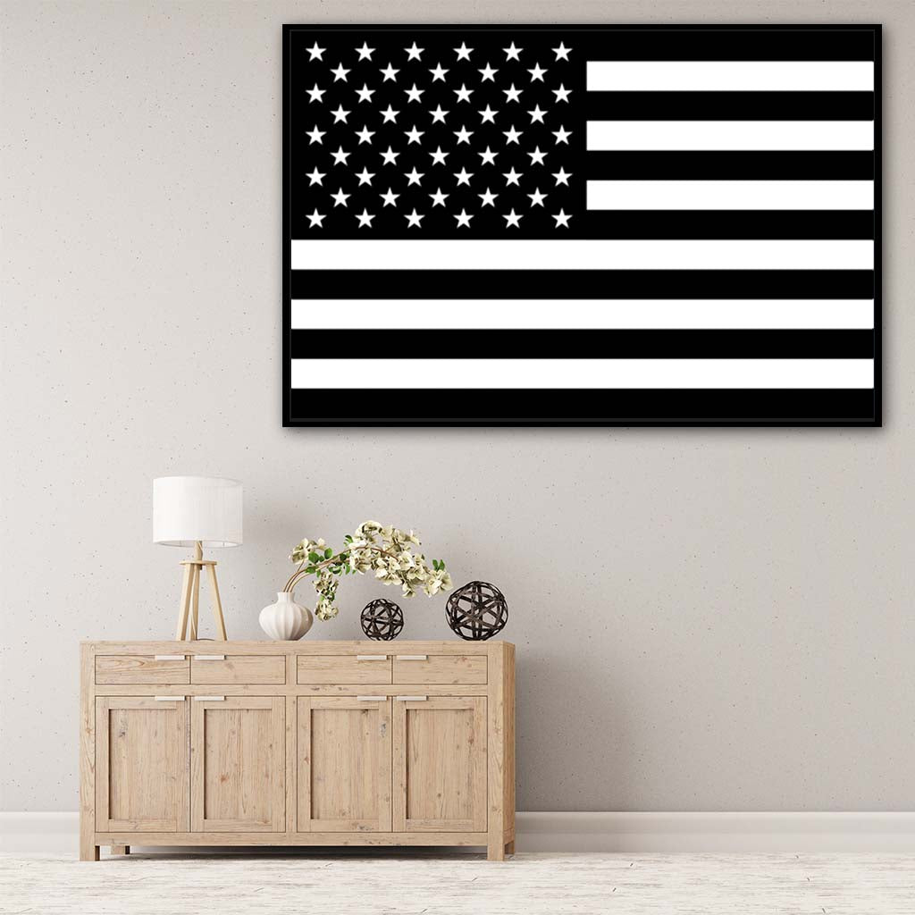 Black & White American Flag Silhouette Canvas Wall Art Print - Canvas Black Frame