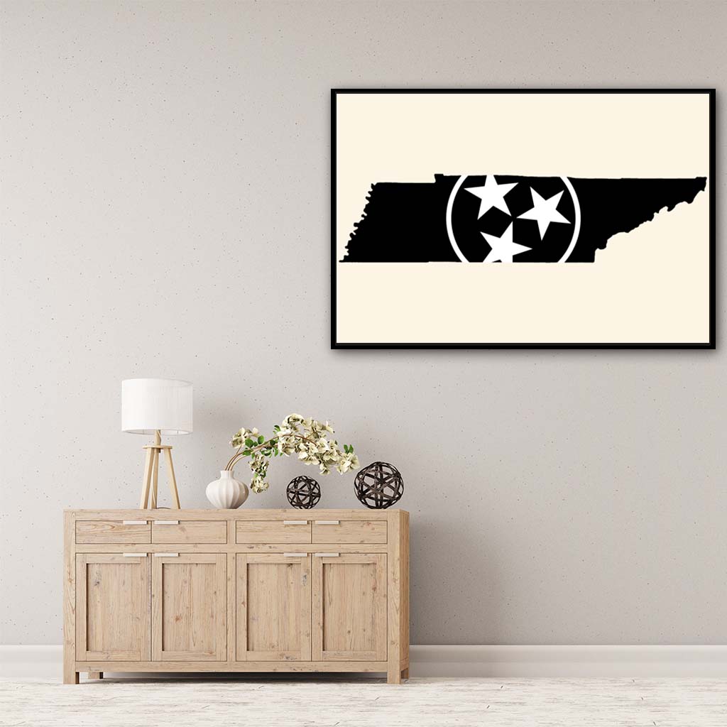 Black & White Tennessee Flag Silhouette Canvas Wall Art Print - Canvas Black Frame