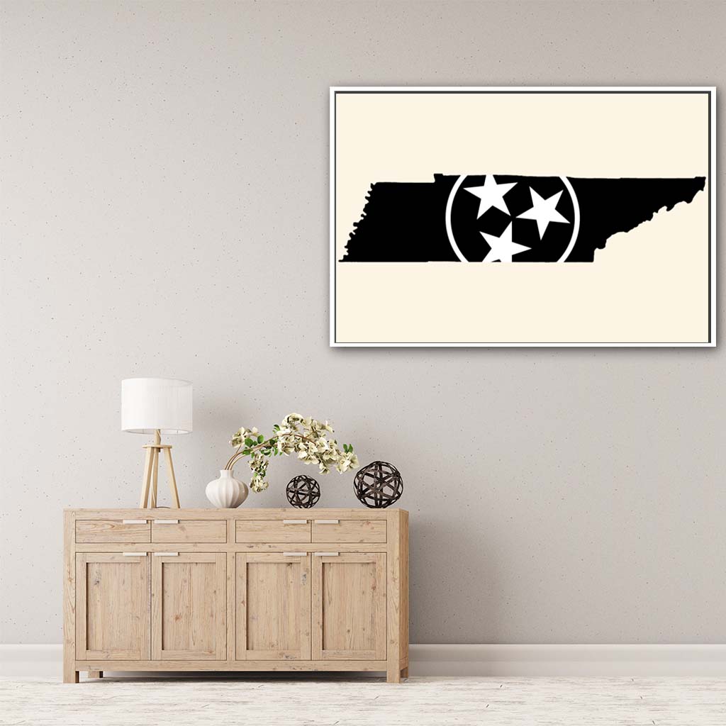 Black & White Tennessee Flag Silhouette Canvas Wall Art Print - Canvas White Frame