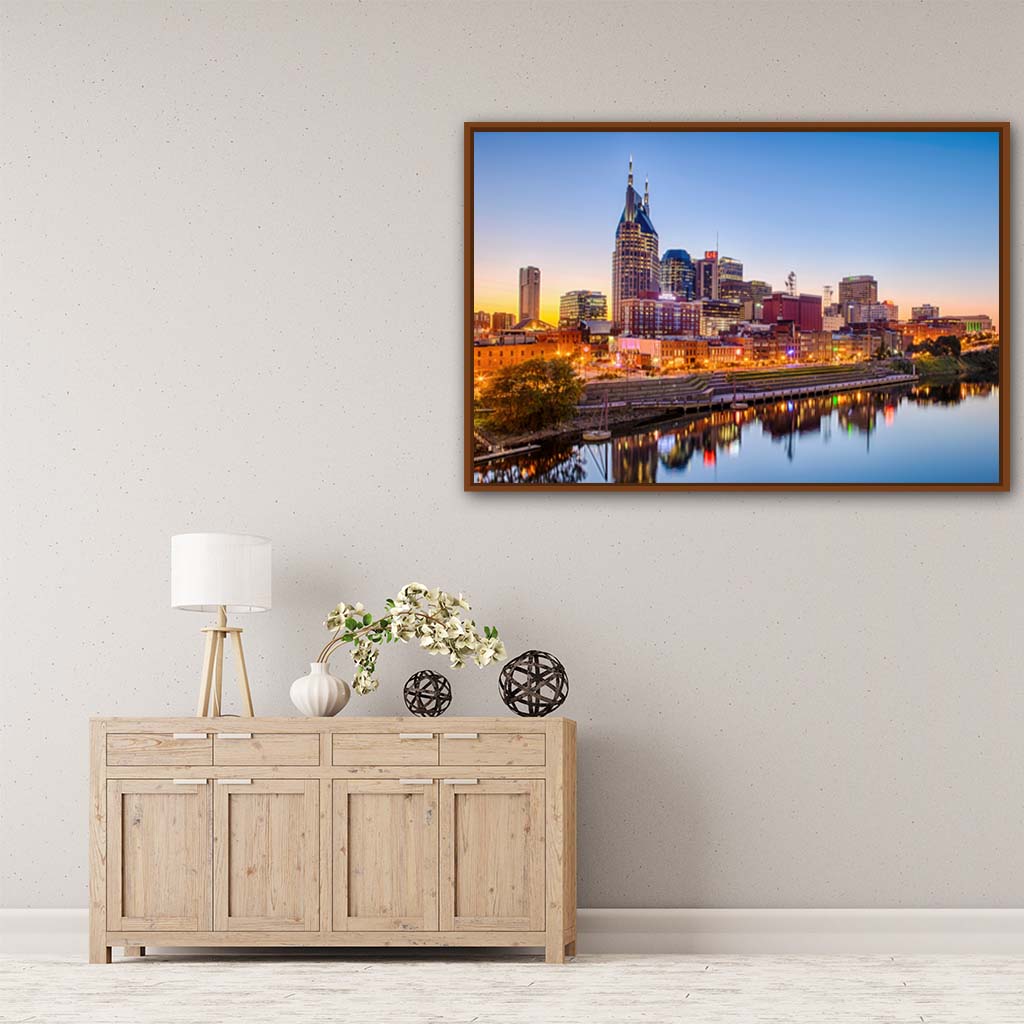 Nashville Skyline Canvas Wall Art Print - Pecan Frame