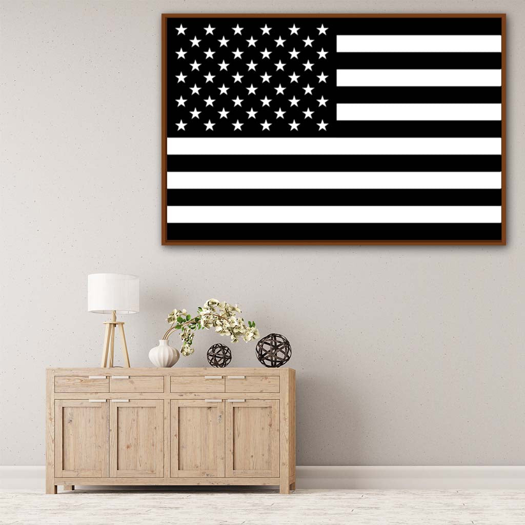 Black & White American Flag Canvas Wall Art Print - Canvas Pecan Frame